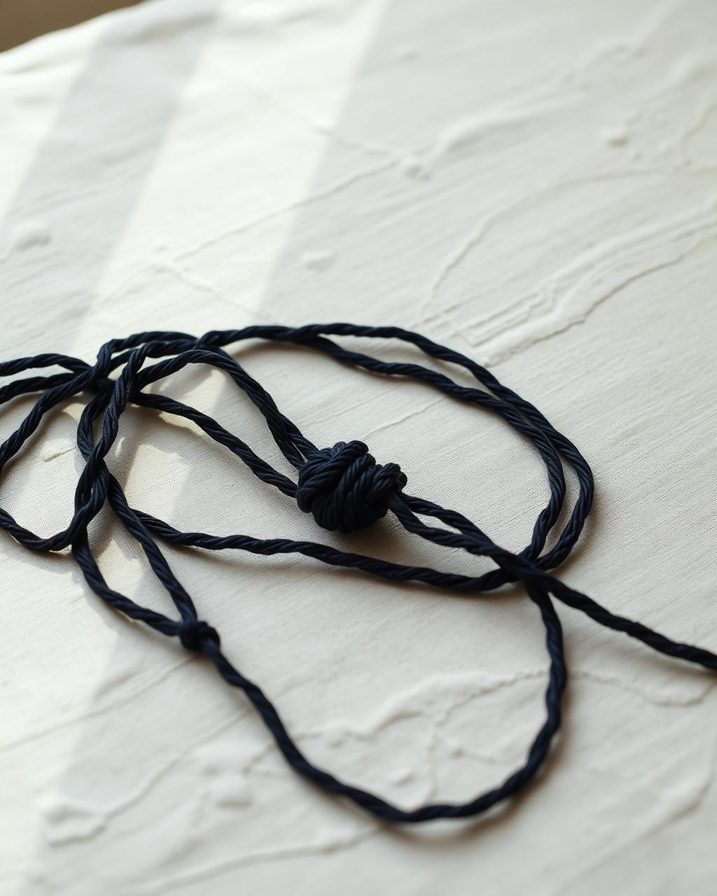A tangled dark cord on pale linen revealing a hidden knot at its centre