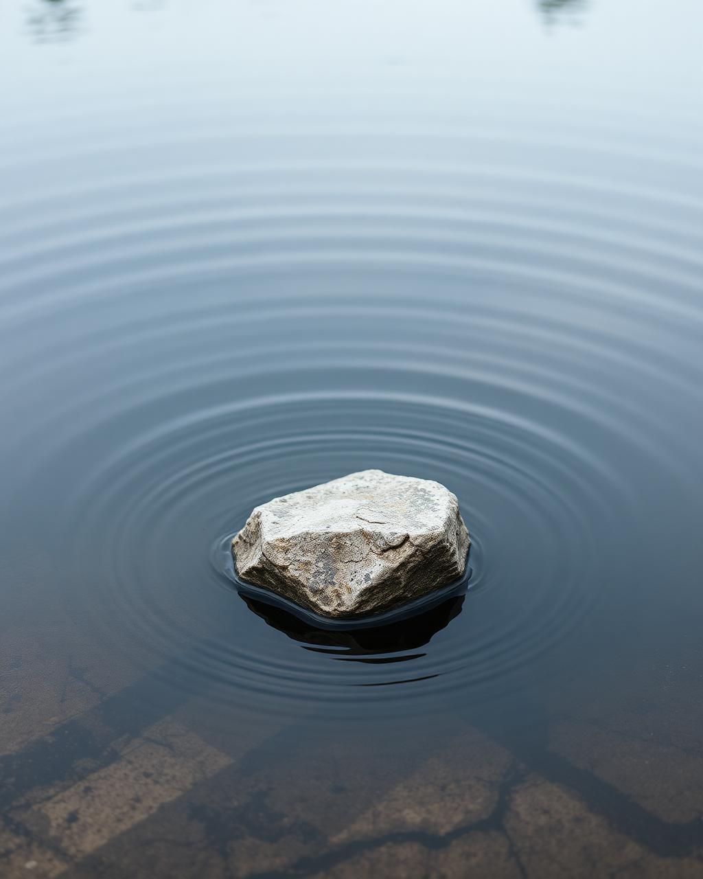 A single stone resting in still water with faint ripples spreading outward